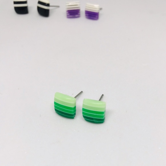 Green Striped Minimalist Repurposed Stud Earrings - Picture 6 of 16